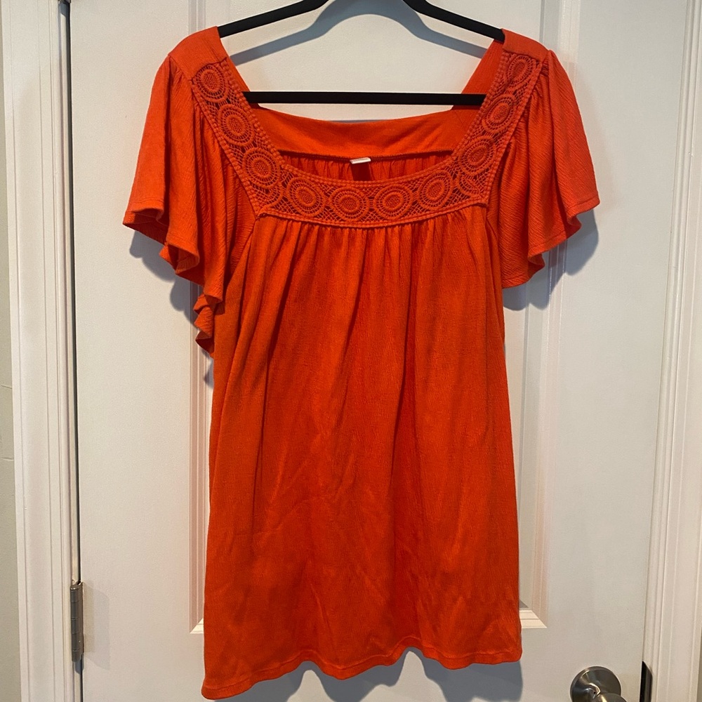 Old Navy Embroidered Collar Flutter Sleeve Orange Top Shirt Blouse 2X